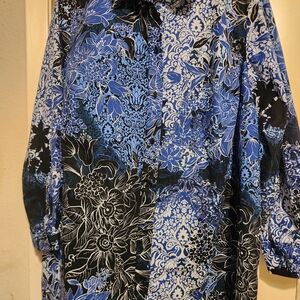 Jessica London Floral Patterned Blue and Black Button Up Cotton Blouse 26W